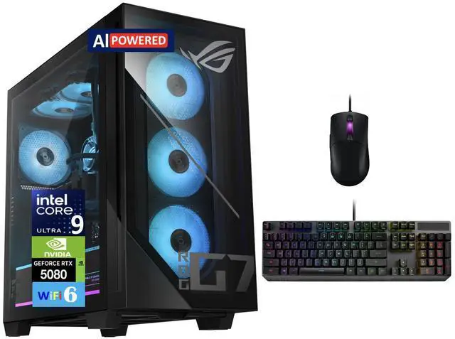 ASUS ROG G700 AI PC Desktop PC (Intel Ultra 9- 285K NVIDIA GeForce RTX 5080 16GB GDDR7 32GB DDR5 4TB PCIe SSD RGB Fans 240mm AIO 850W PSU WiFi 6 Bluetooth 5.2 RJ-45 Win 11 Pro)