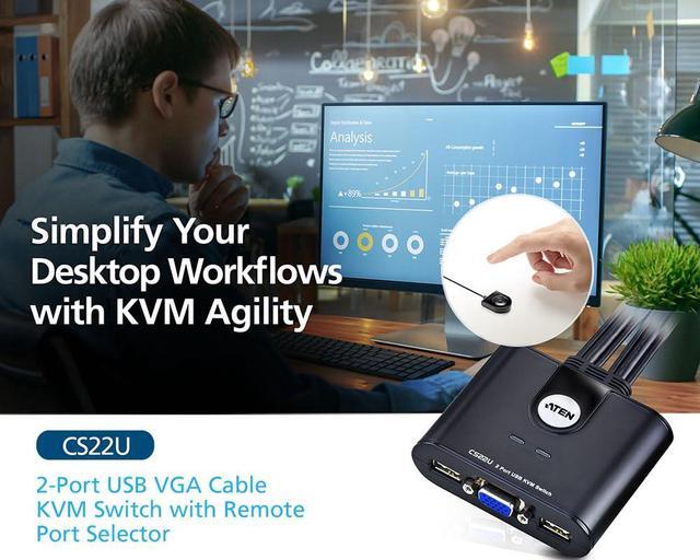 ATEN CS22U 2-Port USB VGA Cable KVM Switch With Remote Port Selector