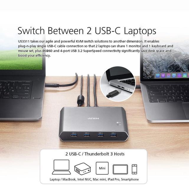ATEN US3311 2-Port USB-C KVM Switch 2 PC 1 Monitor DisplayPort Out - 8K / 4K - 144hz 120Hz 60Hz 4-Port USB 3.2 DP 1.4 PD 3.0 For Windows PC And Mac
