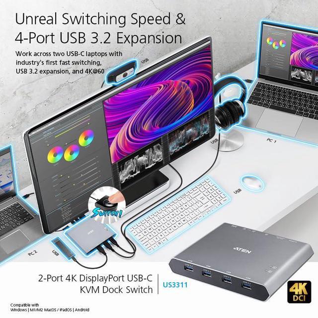 ATEN US3311 2-Port USB-C KVM Switch 2 PC 1 Monitor DisplayPort Out - 8K / 4K - 144hz 120Hz 60Hz 4-Port USB 3.2 DP 1.4 PD 3.0 For Windows PC And Mac