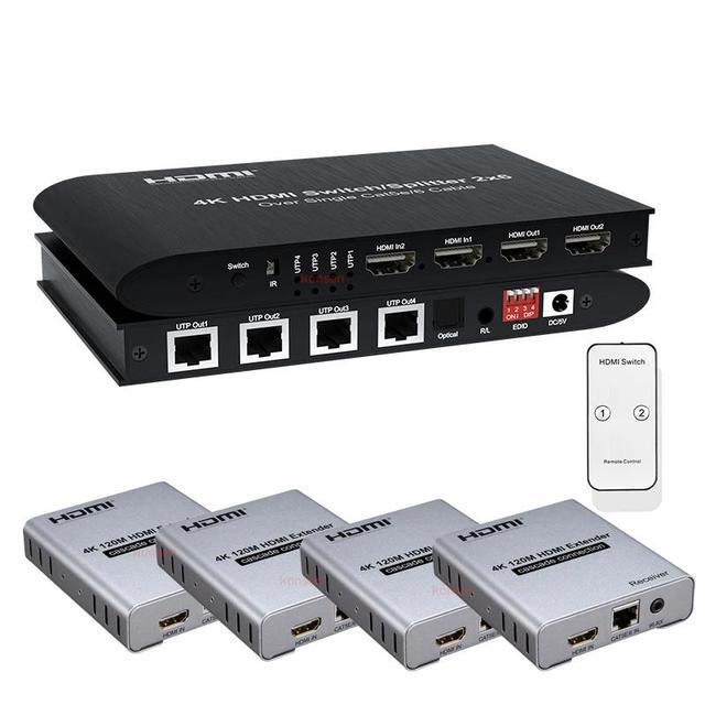 (AU Plug)(1 Pcs 2x6)4K 30Hz 100M 2x6 HDMI Extender Switch Splitter 2 In 6 Out HDMI Switch Extender With 2 Loop Out + 4 Channel UTP Ethernet CAT6 Out