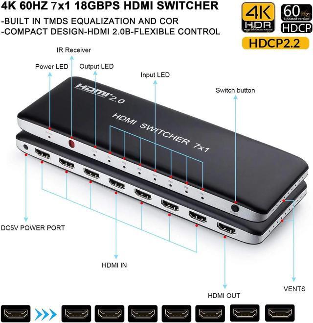 (AU Plug)(HDMI Switch 7x1)HDMI 2.0 Switcher Audio Video Switch 7 In 1 Out 4K 60Hz Digital TV Converter HDR HDCP2.2 For PS3/4 PC DVD HD Players TV STB HDTV