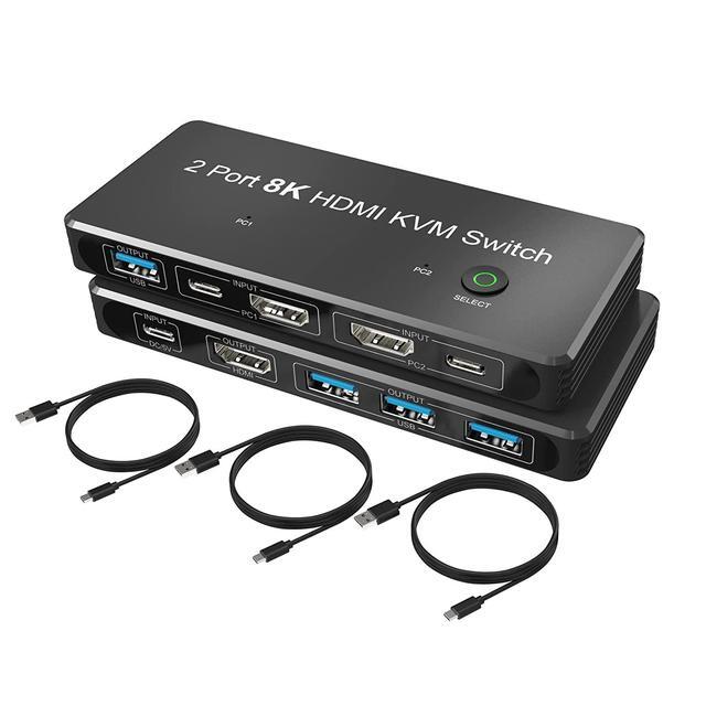 AUBEAMTO 2 Port 8K HDMI KVM Switch 2 In 1 Out 8K 60Hz 4K 120Hz 2 PC To 1 Monitor With 4 USB 3.0 Ports For Sharing Keyboard Mouse U Disk