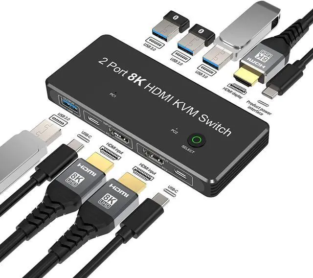 AUBEAMTO 2 Port 8K HDMI KVM Switch 2 in 1 Out 8K 60Hz 4K 120Hz 2 PC to 1 Monitor with 4 USB 3.0 Ports for Sharing Keyboard Mouse U Disk