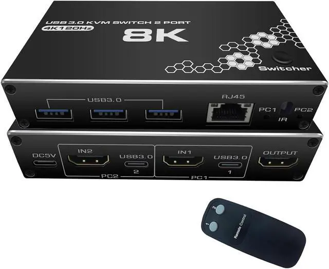 AUBEAMTO 4K/120HZ HDMI KVM Switch USB 3.0 Switcher KVM Switcher Support 8K 30Hz 4K/120HZ 1080/240HZ 2 Computers Share 3 USB Hub Keyboard Mouse Switch and 1 RJ45 Ethernet Switch with Remote