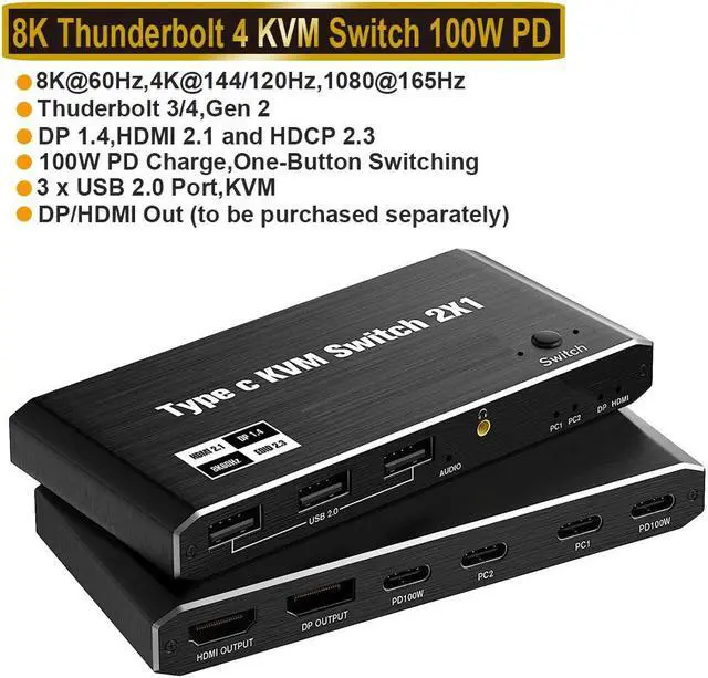 AUBEAMTO USB C KVM Switch 8K 60Hz 4K 120Hz 2 Port Type C KVM Switch for 2 Computers Share 1 Monitor USB C KCM with 3 USB 2.0 Ports & 100W Power Delivery 2 USB-C Cables Included