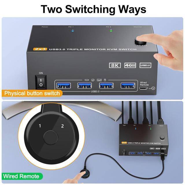 AUTYUE 1 Displayport + 2 HDMI Triple Monitor KVM Switch 2 Computers 3 Monitors 8K 60Hz 4K 144Hz HDMI+DP USB 3.0 Switch Extended Display 3 Monitors 2 Computers KVM With USB 3.0 Cables Wired Controller
