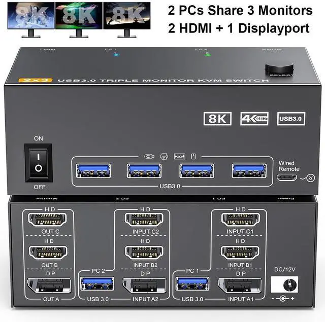 AUTYUE 1 Displayport + 2 HDMI Triple Monitor KVM Switch 2 Computers 3 Monitors 8K 60Hz 4K 144Hz HDMI+DP USB 3.0 Switch Extended Display 3 Monitors 2 Computers KVM with USB 3.0 Cables Wired Controller