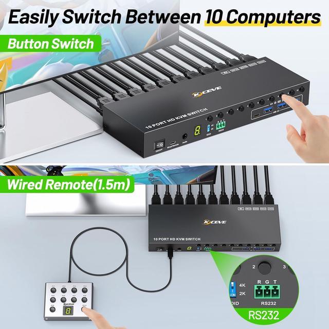 AUTYUE 10 Port 8 Port KVM Switch HDMI 4K 60Hz EDID Simulation USB 3.0 HDMI KVM Switch For 10 Computers Share 1 Monitor And 4 USB Devices KVM Switches With Audio RS232 Wired Remote 12V Power Adapter