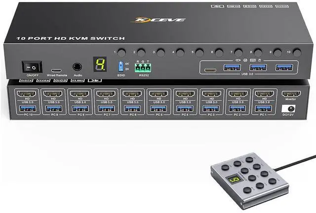 AUTYUE 10 Port 8 Port KVM Switch HDMI 4K 60Hz EDID Simulation USB 3.0 HDMI KVM Switch for 10 Computers Share 1 Monitor and 4 USB Devices KVM Switches with Audio RS232 Wired Remote 12V Power Adapter