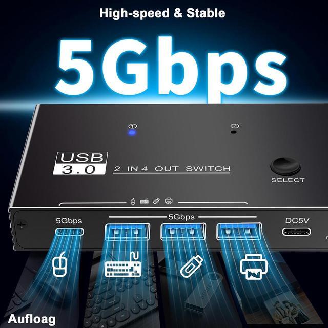 AUTYUE 2 In 4 Out USB Switcher 2 Computers Sharing 4 Port Devices 5Gbps USB 3.0 Switch Plug And Play Aluminum USB3.0 Switch Selector 2 PCs Share Keyboard Mouse Printer Scanner With One Button