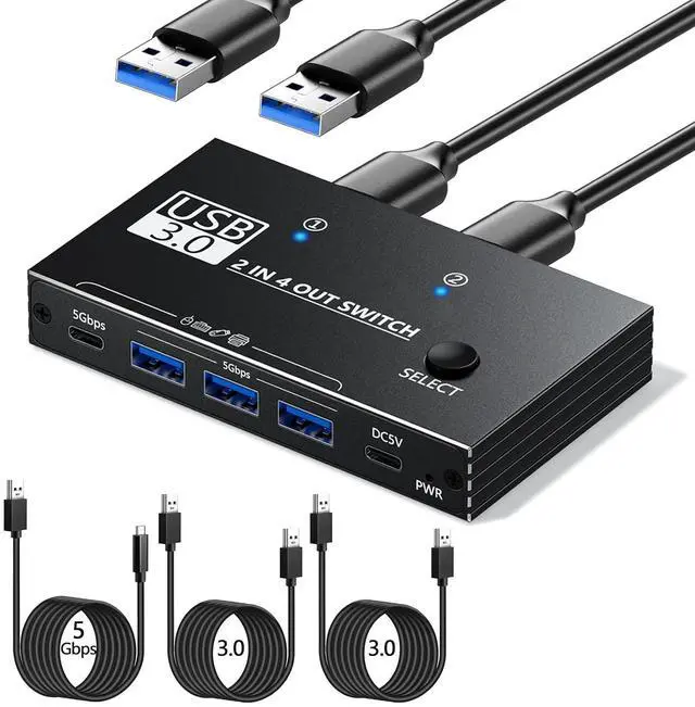 AUTYUE 2 in 4 Out USB Switcher 2 Computers Sharing 4 Port Devices 5Gbps USB 3.0 Switch Plug and Play Aluminum USB3.0 Switch Selector 2 PCs Share Keyboard Mouse Printer Scanner with One Button