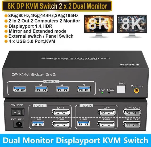AUTYUE 2 Port DisplayPort Dual Monitor KVM Switch 8K 60Hz 4K 120Hz USB 3.0 DP1.4 KVM Switcher 2 in 2 Out for 2 Computers 2 Monitors with 4 Ports USB 3.0 Support Copy and Extended Display