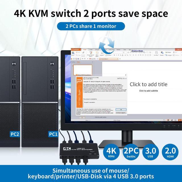 AUTYUE 2 Port HDMI KVM Switch 2 In 1 Out 4 Port - USB 3.0 HDMI KVM Switches 4K 60Hz For 2 Computers Share 1 Monitor Keyboard Mouse USB Devices - Including 2 USB 3.0 Cables