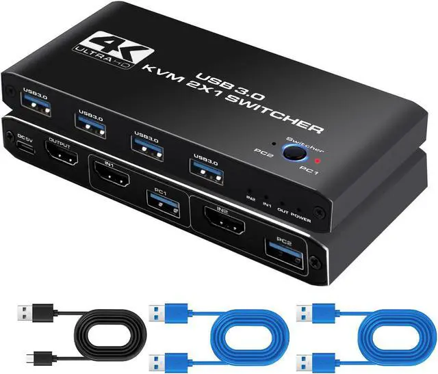 AUTYUE 2 Port HDMI KVM Switch 2 in 1 Out 4 port - USB 3.0 HDMI KVM Switches 4K 60Hz for 2 Computers Share 1 Monitor Keyboard Mouse USB Devices - Including 2 USB 3.0 cables