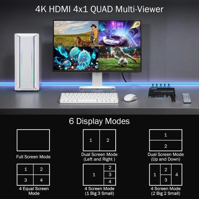 AUTYUE 4 In 1 Out KVM HDMI Switch 4K Quad Multi Viewer 4x1 Seamless Switcher With Keyboard Hotkey 4 Port HDMI KVM Quad Multi-Viewer 4 Computers Share 1 Monitor Keyboard Mouse With IR Remote Control