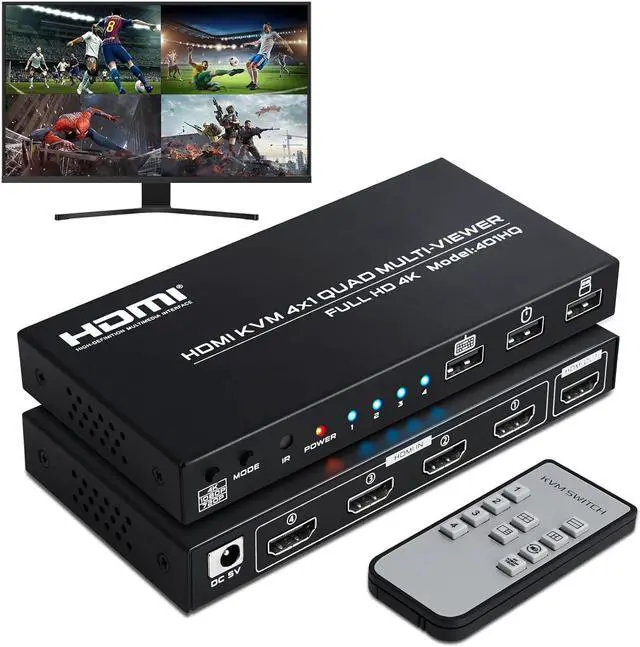 AUTYUE 4 in 1 Out KVM HDMI Switch 4K Quad Multi Viewer 4x1 Seamless Switcher with Keyboard Hotkey 4 Port HDMI KVM Quad Multi-Viewer 4 Computers share 1 Monitor Keyboard Mouse with IR Remote Control