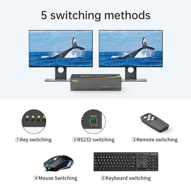 AUTYUE 4 In 2 Out Dual Monitor HDMI + DisplayPort KVM Switch 4 Computer 2 Monitors Extended Display 4K 60Hz 4:4:4 With Audio And USB 2.0 Hub Sharing PC Monitors One Set Of Keyboard And Mouse Switcher