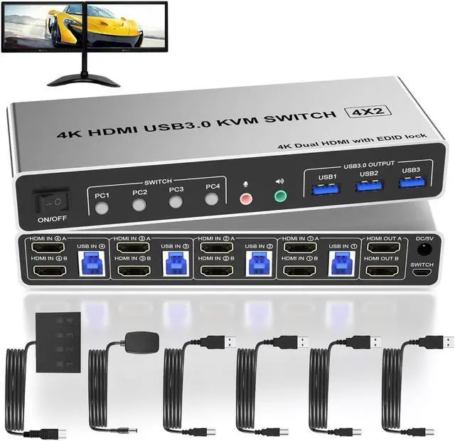 AUTYUE 4 Port HDMI Dual Monitor USB 3.0 KVM Switch 4K 60Hz KVM Switch 2 Monitors for 4PCs Supports EDID HDMI KVM Switch 4 Computers with Audio Microphone Output and 3 USB 3.0 Ports 4 in 2 Out KVM