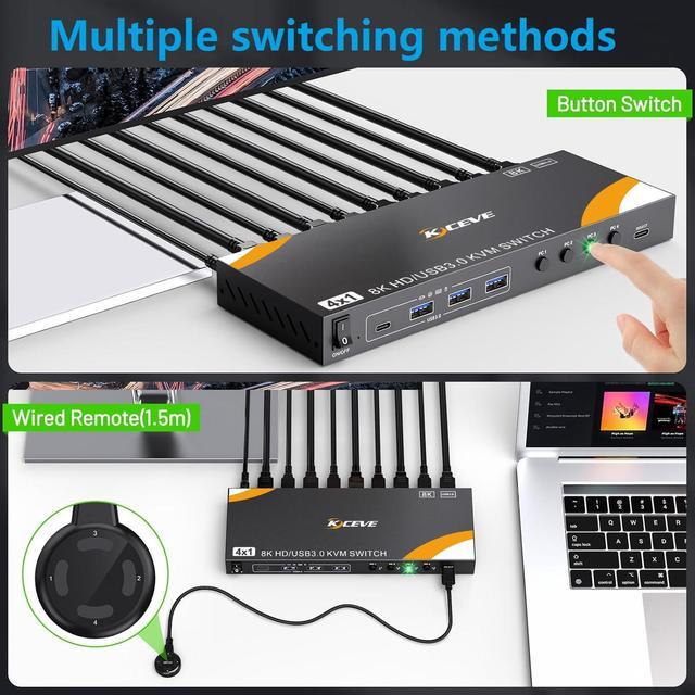 AUTYUE 4 Ports HDMI KVM Switch 4 Computers 1 Monitor USB 3.0 HDMI KVM Switch 4 In 1 Out 4K 120Hz. Support 8K 60Hz Resolution For 4 Computers Share Mouse Keyboard And Monitor With With 4 USB 3.0 Port