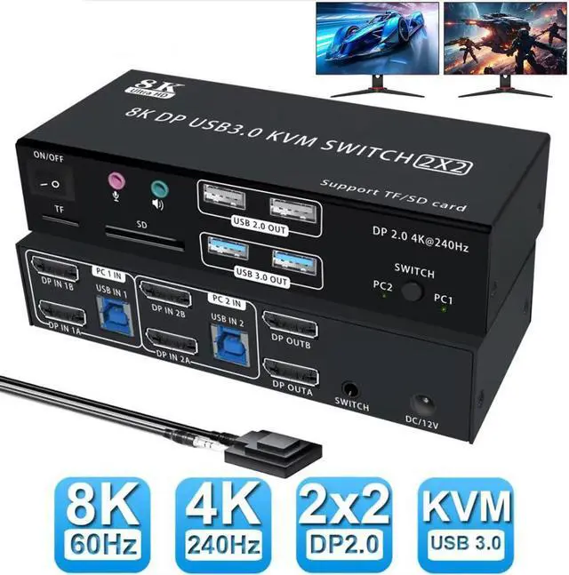 AUTYUE 4K 240Hz Dual Monitor DP 2.0 KVM Switch 8K 60Hz USB 3.0 Displayport KVM Switch 2 in 2 out Displayport KVM Switch 2 Monitors 2 PCs with Audio Microphone Output and 4 USB Ports & SD/TF Solts