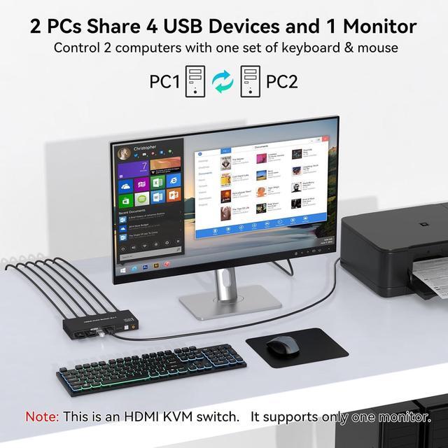 AUTYUE 4K 60Hz HDMI KVM Switch 1 Monitors 2 Computers 2 Ports HDMI KVM Switches For 2 Computers Sharing Monitor Keyboard Mouse Hard Drives Printer With Two USB Cables And Wired Controller