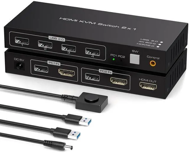 AUTYUE 4K 60Hz HDMI KVM Switch 1 Monitors 2 Computers 2 Ports HDMI KVM Switches for 2 Computers Sharing Monitor Keyboard Mouse Hard Drives Printer with Two USB Cables and Wired Controller