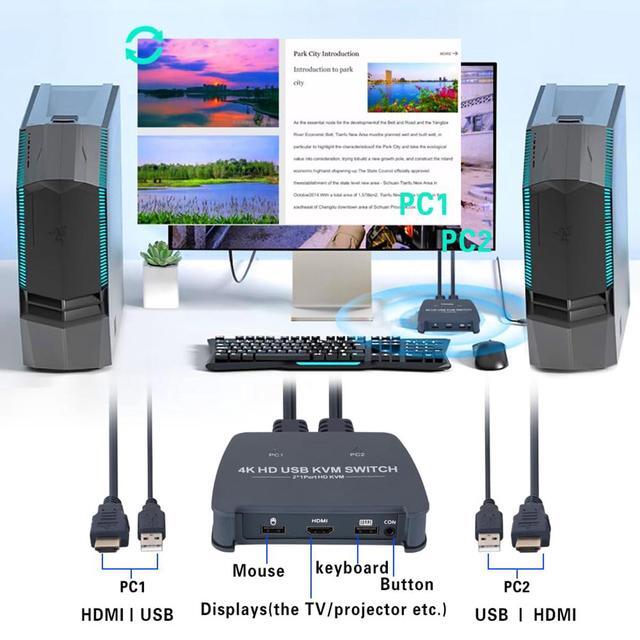 AUTYUE 4K HDMI KVM Switch 2-Port Full HD KVM Switch With Cables - 4K 60Hz HDMI KVM Switch 1 Monitors 2 Computers- Plug-and-Play - Share Mouse Keyboard And 1 Screens And Extended Controller