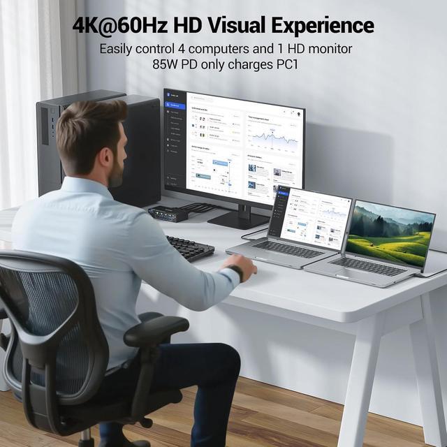 AUTYUE 4K KVM Switch 1 Monitors 4 Computers USB-C HDMI DP EDID Emulator USB 3.0 KVM Switch 4 Port 4K 60Hz For 4 Computer Share Keyboard Mouse And 1 HDMI Monitor With Power Adapter And Wired Remote