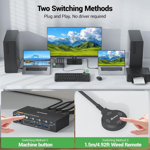 AUTYUE 4K KVM Switch 1 Monitors 4 Computers USB-C HDMI DP EDID Emulator USB 3.0 KVM Switch 4 Port 4K 60Hz For 4 Computer Share Keyboard Mouse And 1 HDMI Monitor With Power Adapter And Wired Remote