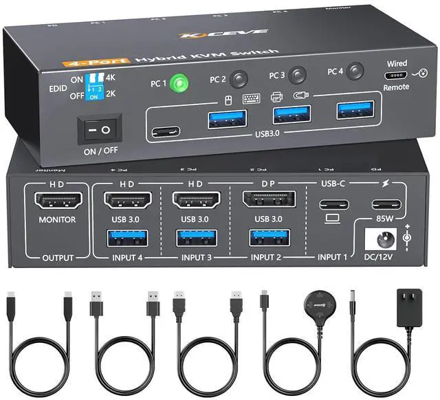 AUTYUE 4K KVM Switch 1 Monitors 4 Computers USB-C HDMI DP EDID Emulator USB 3.0 KVM Switch 4 Port 4K 60Hz for 4 Computer Share Keyboard Mouse and 1 HDMI Monitor with Power Adapter and Wired Remote