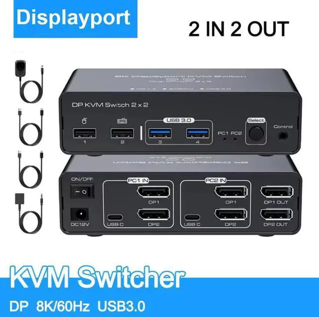 AUTYUE 8K 2 in 2 Out DisplayPort KVM Switch 2 Monitors 2 Computers 4K120Hz Aluminum Dual Monitor Displayport USB 3.0 KVM Switches for 2 PC Sharing One Monitor & 4 USB Devices with Desktop Controller