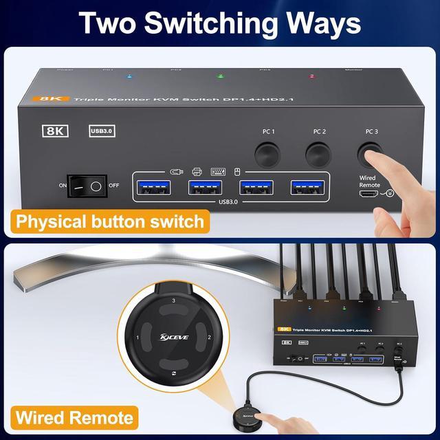 AUTYUE 8K/4K KVM Switch 3 Monitors 3 Computers 2 Displayport 1.4 + HDMI 2.1 Triple Monitor USB 3.0 KVM Switches DP 1.4 Supports 8K 30Hz/4K 144Hz HDMI Supports 8K 60Hz /4K 120Hz With Wired Remote