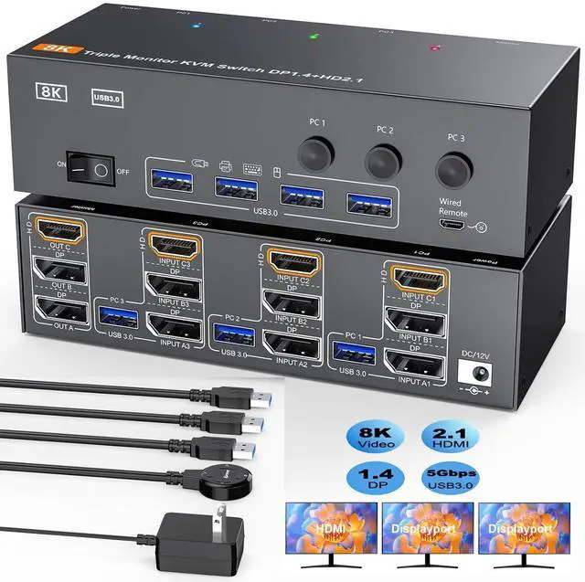 AUTYUE 8K/4K KVM Switch 3 Monitors 3 Computers 2 Displayport 1.4 + HDMI 2.1 Triple Monitor USB 3.0 KVM Switches DP 1.4 Supports 8K 30Hz/4K 144Hz HDMI Supports 8K 60Hz /4K 120Hz with Wired Remote