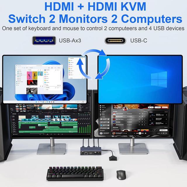 AUTYUE 8K 60Hz HDMI KVM Switch 2 Monitors 2 Computers With 4 USB 3.0 Ports (3 USB-A+1 USB-C) For 2 Computers Sharing 2 Monitors Keyboard Mouse Printer With 2 USB Cables Power Adapter & Controller