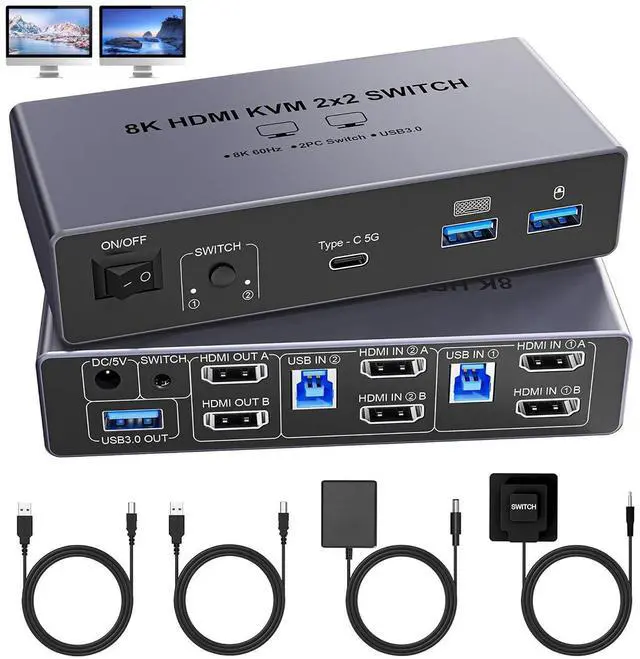 AUTYUE 8K 60Hz HDMI KVM Switch 2 Monitors 2 Computers with 4 USB 3.0 Ports (3 USB-A+1 USB-C) for 2 Computers Sharing 2 Monitors Keyboard Mouse Printer with 2 USB Cables Power Adapter & Controller