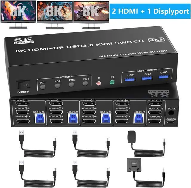 AUTYUE 8K 60Hz KVM Switch 3 Monitors 4 Computers 4K 144Hz 2 HDMI +1 DisplayPort Triple Monitor KVM Switch for 4 Computer with Audio and 3 USB 3.0 Ports 3 Monitor KVM Switches Keyboard Mouse Switcher