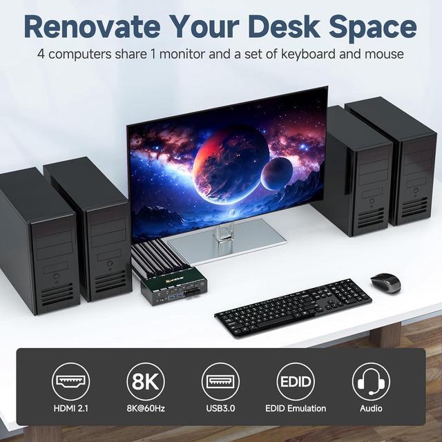 AUTYUE 8K 60Hz KVM Switch HDMI 4 Port 4 PC 1 Monitor HDMI KVM Switch 4 In 1 Out EDID Simulation For 4 Computers Share 1 Monitor And 4 USB 3.0 Port With Wired Remote Power Adapter & USB 3.0 Cable