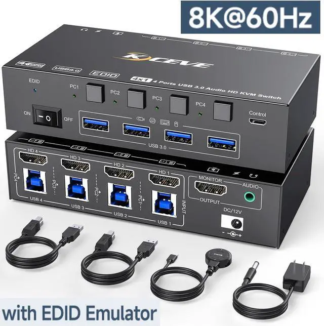 AUTYUE 8K 60Hz KVM Switch HDMI 4 Port 4 PC 1 Monitor HDMI KVM Switch 4 in 1 Out EDID Simulation For 4 Computers Share 1 Monitor and 4 USB 3.0 Port with Wired Remote Power Adapter & USB 3.0 Cable