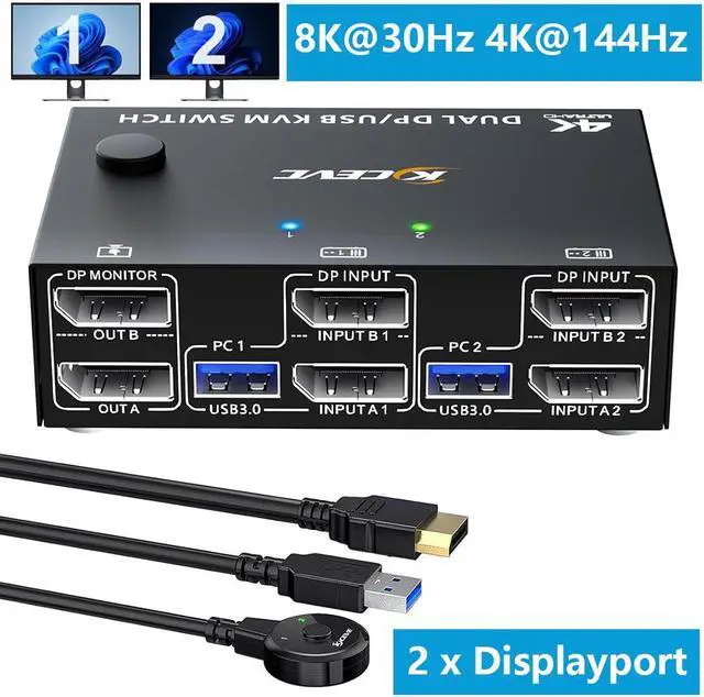 AUTYUE 8K Displayport Dual Monitor KVM Switch USB3.0 Displayport KVM Switch 2 Monitors 2 Computers 8K 30Hz 4K 144Hz Displayport KVM Switch with 4 USB3.0 Ports Wired Remote and USB Cables Included
