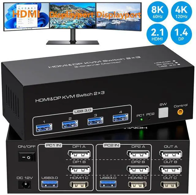 AUTYUE 8K HDMI + 2 Displayport KVM Switch 3 Monitors 2 Computers DP 1.4 8K 60Hz 4K 120Hz Display Port for Two PC Share Triple Monitor and 4 USB 3.0 Peripherals Support Extended and Duplicate Mode