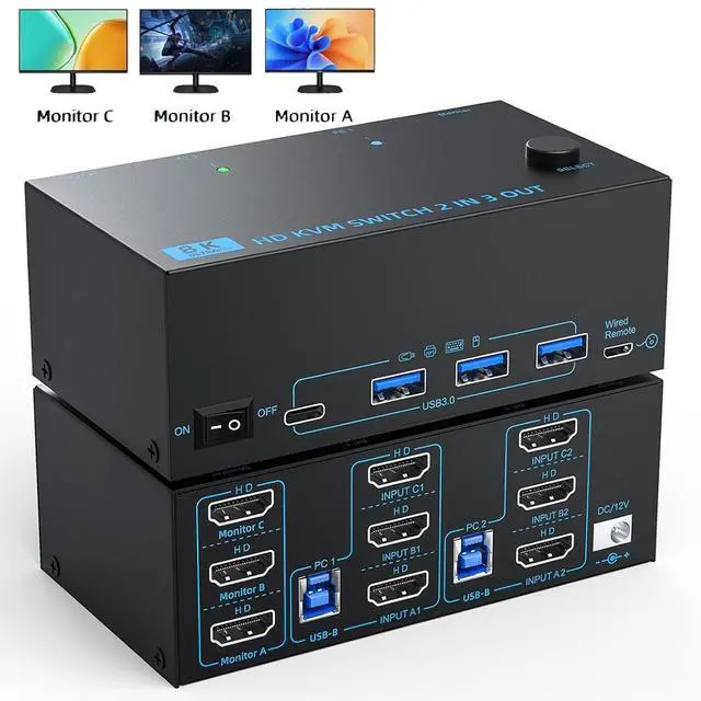 AUTYUE 8K HDMI KVM Switch 3 Monitors 2 Computers 3 Port HDMI Dual PC Triple Monitor 2 PC 8K 60Hz/4K 120Hz 2 in 3 Out USB 3.0 KVM Switches Wired Remote & USB 3.0 Cables & Power Cable Included