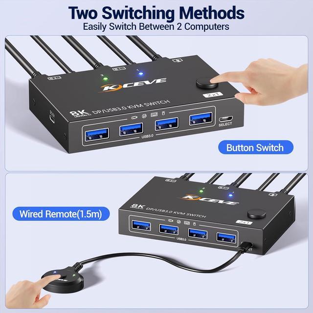AUTYUE Displayport KVM Switch 1 Monitors 2 Computers 8K 30Hz 4K 144Hz USB 3.0 DP KVM Switches For 2 Computers Sharing Single Monitor And Keyboard Mouse Printer Wired Remote And 2 USB Cables Included