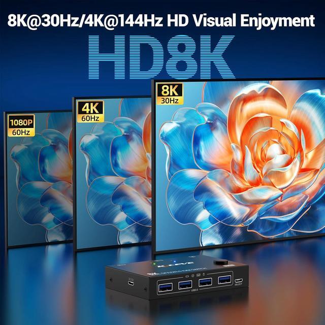 AUTYUE Displayport KVM Switch 1 Monitors 2 Computers 8K 30Hz 4K 144Hz USB 3.0 DP KVM Switches For 2 Computers Sharing Single Monitor And Keyboard Mouse Printer Wired Remote And 2 USB Cables Included