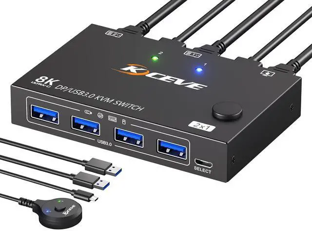 AUTYUE Displayport KVM Switch 1 Monitors 2 Computers 8K 30Hz 4K 144Hz USB 3.0 DP KVM Switches for 2 Computers Sharing Single Monitor and Keyboard Mouse Printer Wired Remote and 2 USB Cables Included