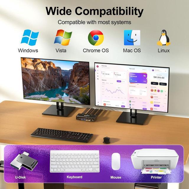 AUTYUE Displayport KVM Switch 2 Monitors 2 Computers 8K 30Hz 4K 144Hz 2 In 2 Out Displayport KVM Switch Dual Monitor For 2 Computer Share 2 Monitor And 4 USB 3.0 Devices With Wired Remote USB Cable