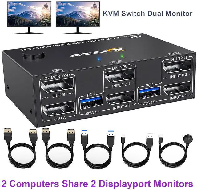 AUTYUE Displayport KVM Switch 2 Monitors 2 Computers 8K 30Hz 4K 144Hz 2 in 2 Out Displayport KVM Switch Dual Monitor for 2 Computer Share 2 Monitor and 4 USB 3.0 Devices with Wired Remote USB Cable