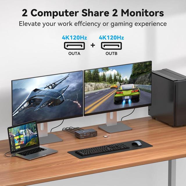AUTYUE DP KVM Docking Station 4K120Hz USB C KVM Switch 2 Monitors 2 PCs Displayport Dual Monitor KVM Switch For Laptop And Desktop PC Share 13-in-1 Dock 10Gbps USB 3.2 And USB-C Data Transfer Ports