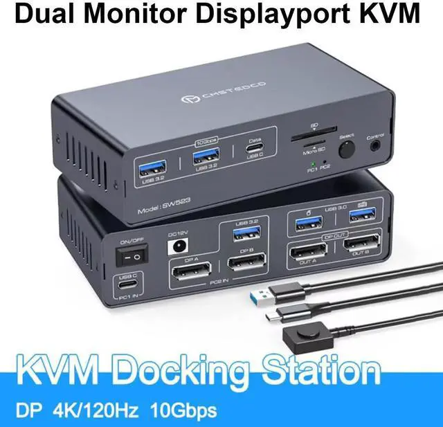 AUTYUE DP KVM Docking Station 4K120Hz USB C KVM Switch 2 Monitors 2 PCs Displayport Dual Monitor KVM Switch for Laptop and Desktop PC Share 13-in-1 Dock 10Gbps USB 3.2 and USB-C data transfer Ports