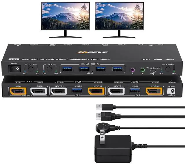 AUTYUE DP KVM Switch 2 Monitors 2 Computers Displayport with Audio 8K 30Hz 4K 144Hz USB 3.0 Dual Monitor Displayport KVM Switch KVM/USB Mode Share 4 USB Devices with Wired Control and Power Adapter